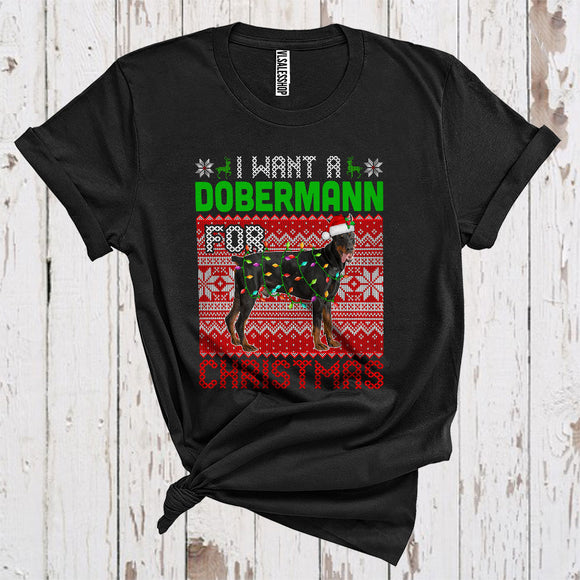 MacnyStore - I Want A Dobermann For Christmas Cute Sweater Xmas Lights Santa Dobermann Lover T-Shirt