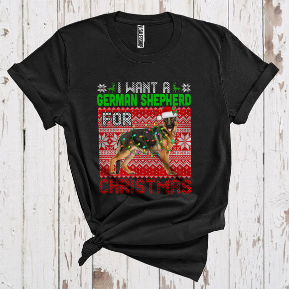 MacnyStore - I Want A German Shepherd For Christmas Cute Sweater Xmas Lights Santa German Shepherd Lover T-Shirt