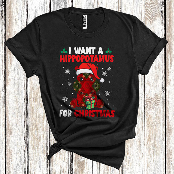 MacnyStore - I Want A Hippopotamus For Christmas Cool Xmas Santa Hippo Red Plaid Lover Kids T-Shirt