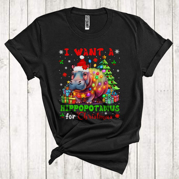 MacnyStore - I Want A Hippopotamus For Christmas Cute Funny Xmas Lights Santa Hippo Lover T-Shirt