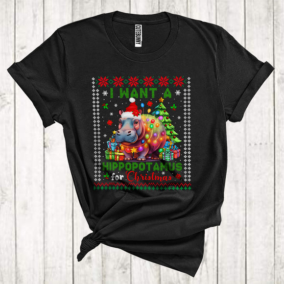 MacnyStore - I Want A Hippopotamus For Christmas Cute Funny Xmas Lights Sweater Santa Hippo Lover T-Shirt