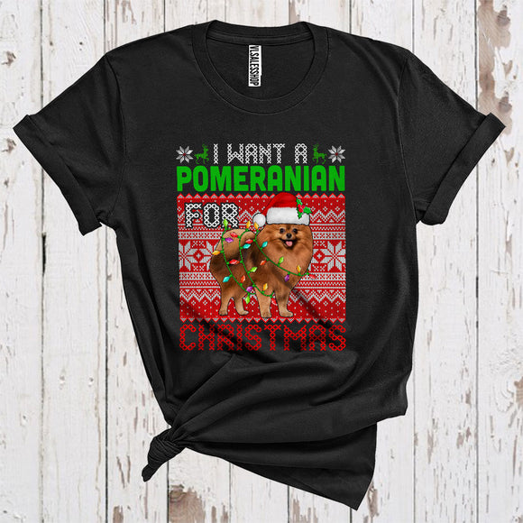 MacnyStore - I Want A Pomeranian For Christmas Cute Sweater Xmas Lights Santa Pomeranian Lover T-Shirt