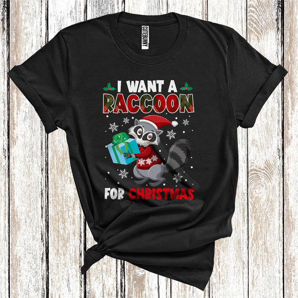 MacnyStore - I Want A Raccoon For Christmas Cool Wild Animal Santa Red Plaid Lover Kids T-Shirt