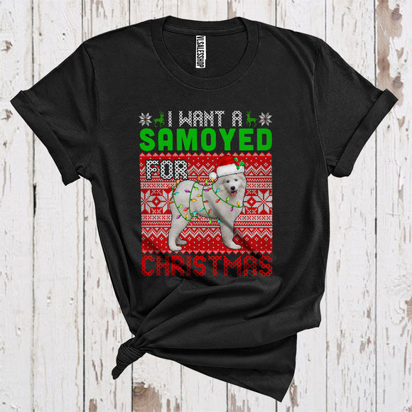 MacnyStore - I Want A Samoyed For Christmas Cute Sweater Xmas Lights Santa Samoyed Lover T-Shirt