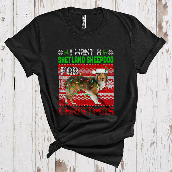 MacnyStore - I Want A Shetland Sheepdog For Christmas Cute Sweater Xmas Lights Santa Shetland Sheepdog Lover T-Shirt