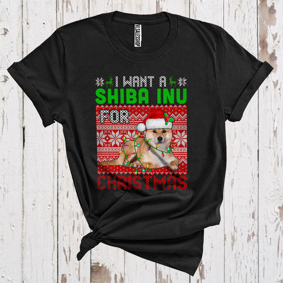 MacnyStore - I Want A Shiba Inu For Christmas Cute Sweater Xmas Lights Santa Shiba Inu Lover T-Shirt