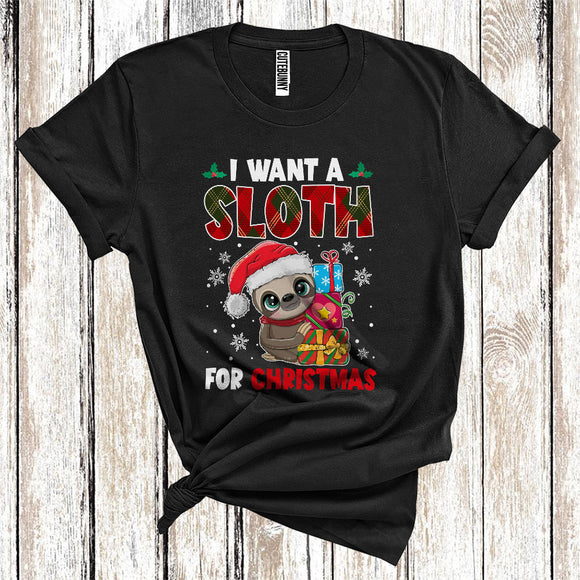 MacnyStore - I Want A Sloth For Christmas Cool Wild Animal Santa Red Plaid Lover Kids T-Shirt