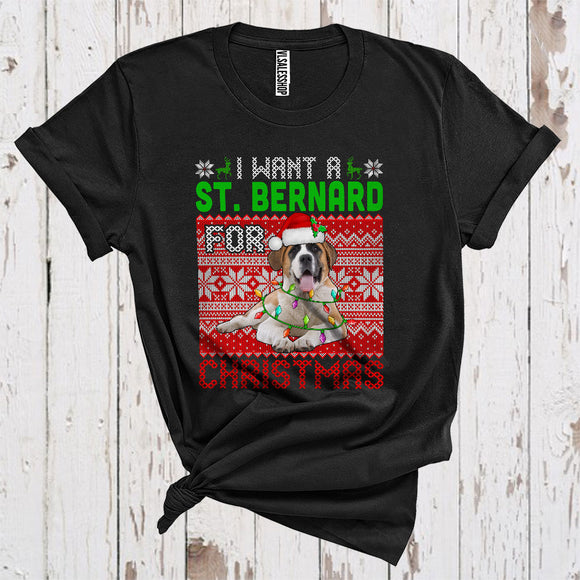 MacnyStore - I Want A St. Bernard For Christmas Cute Sweater Xmas Lights Santa St. Bernard Lover T-Shirt