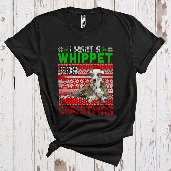 MacnyStore - I Want A Whippet For Christmas Cute Sweater Xmas Lights Santa Whippet Lover T-Shirt