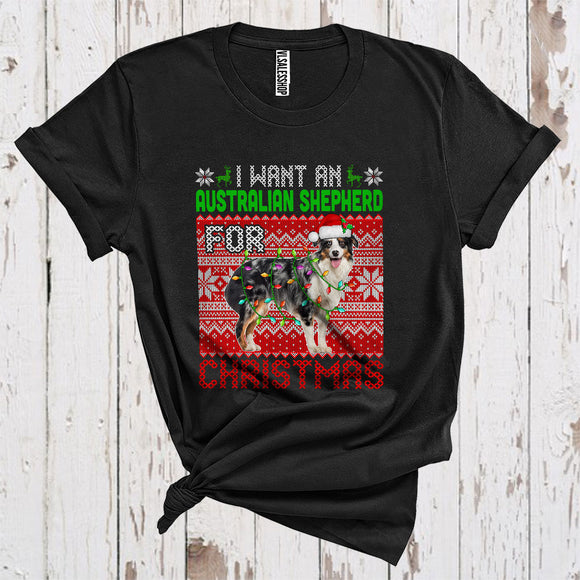 MacnyStore - I Want An Australian Shepherd For Christmas Cute Sweater Xmas Lights Santa Australian Shepherd Lover T-Shirt