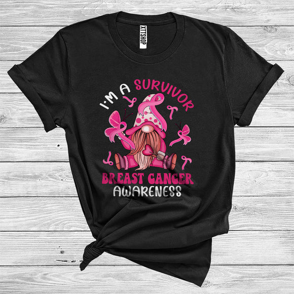 MacnyStore - I'm A Survivor Breast Cancer Awareness Cute Gnome Pink Ribbon Butterflies Matching Family T-Shirt