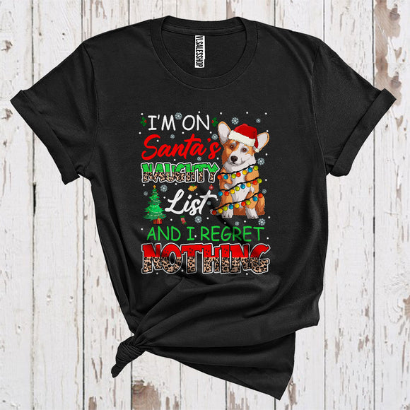 MacnyStore - I'm On Santa's Naughty List Cute Christmas Lights Santa Corgi Owner Leopard Plaid Lover T-Shirt