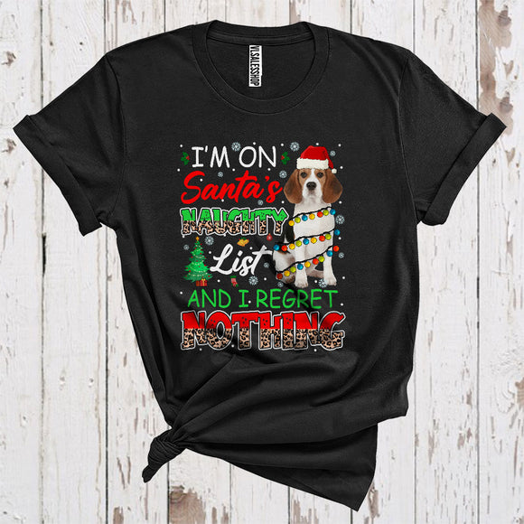 MacnyStore - I'm On Santa's Naughty List Cute Christmas Lights Santa Beagle Owner Leopard Plaid Lover T-Shirt