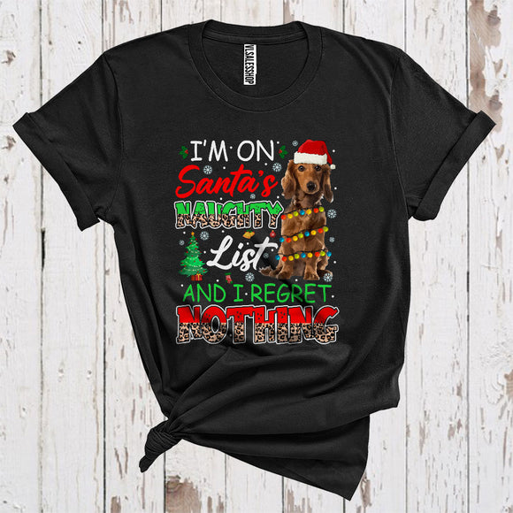 MacnyStore - I'm On Santa's Naughty List Cute Christmas Lights Santa Dachshund Owner Leopard Plaid Lover T-Shirt