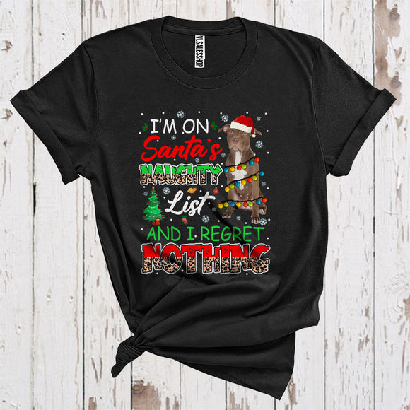 MacnyStore - I'm On Santa's Naughty List Cute Christmas Lights Santa Pit Bull Owner Leopard Plaid Lover T-Shirt