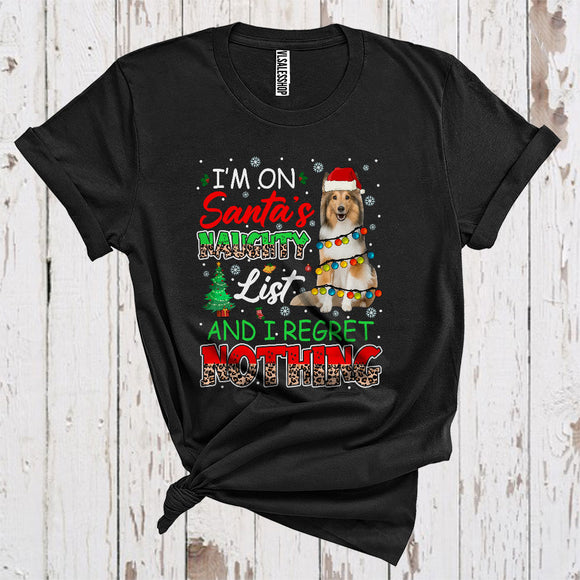 MacnyStore - I'm On Santa's Naughty List Cute Christmas Lights Santa Shetland Sheepdog Owner Leopard Plaid Lover T-Shirt