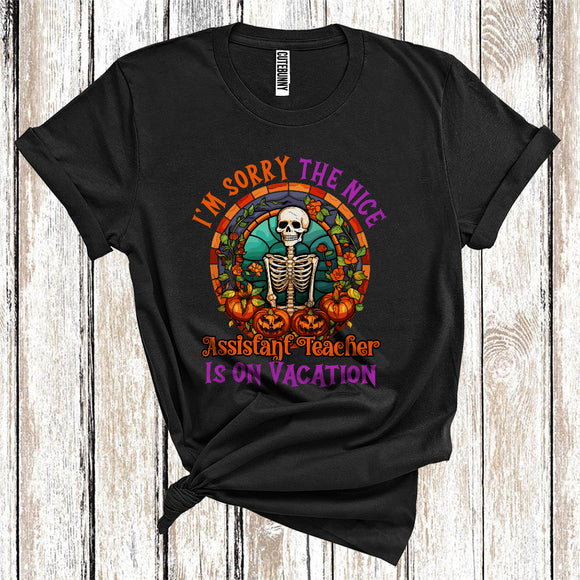 MacnyStore - I'm Sorry The Nice Assistant Teacher Is On Vacation Cool Halloween Skeleton Pumpkin Floral Jobs Careers T-Shirt