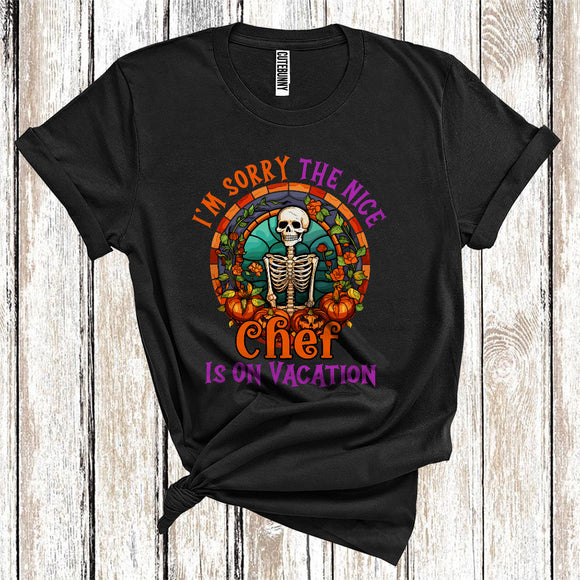 MacnyStore - I'm Sorry The Nice Chef Is On Vacation Cool Halloween Skeleton Pumpkin Floral Jobs Careers T-Shirt
