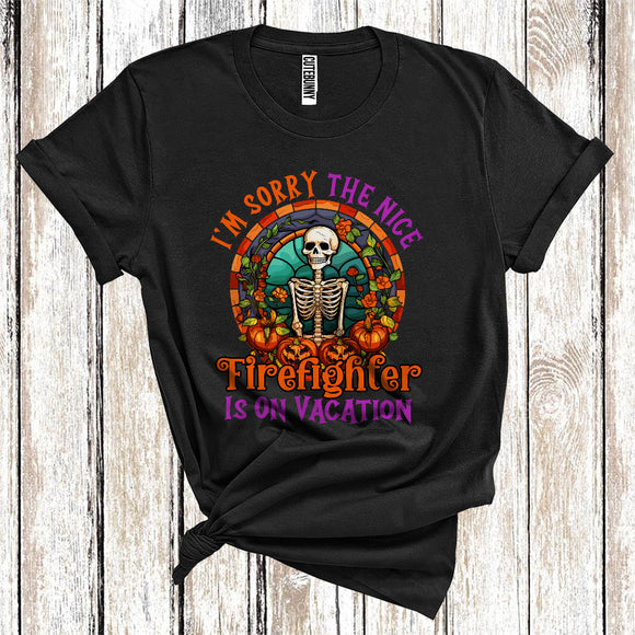 MacnyStore - I'm Sorry The Nice Firefighter Is On Vacation Cool Halloween Skeleton Pumpkin Floral Jobs Careers T-Shirt