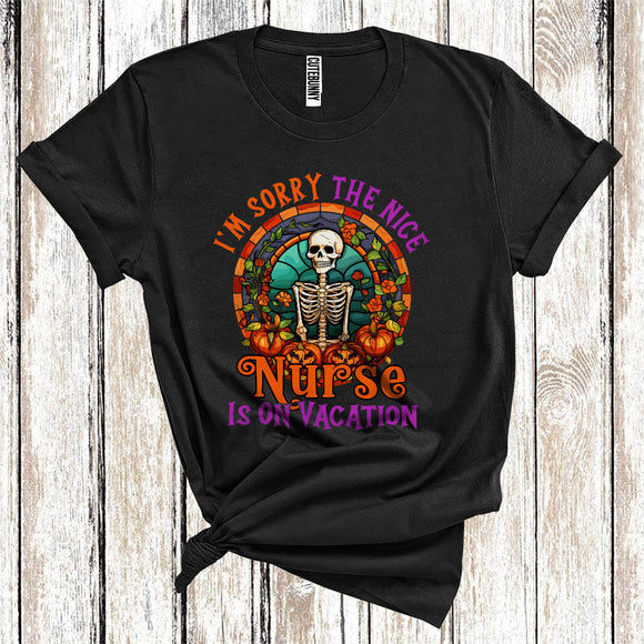 MacnyStore - I'm Sorry The Nice Nurse Is On Vacation Cool Halloween Skeleton Pumpkin Floral Jobs Careers T-Shirt