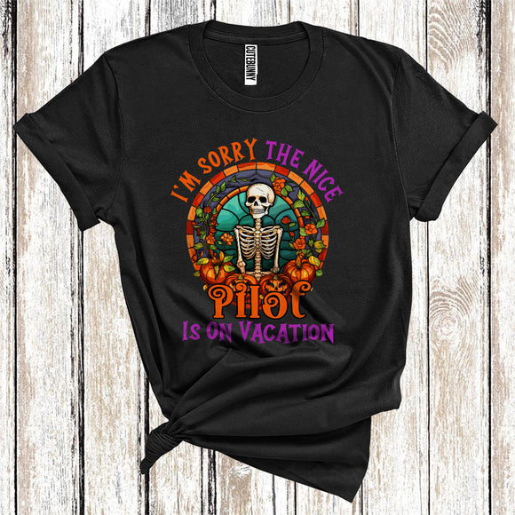 MacnyStore - I'm Sorry The Nice Pilot Is On Vacation Cool Halloween Skeleton Pumpkin Floral Jobs Careers T-Shirt