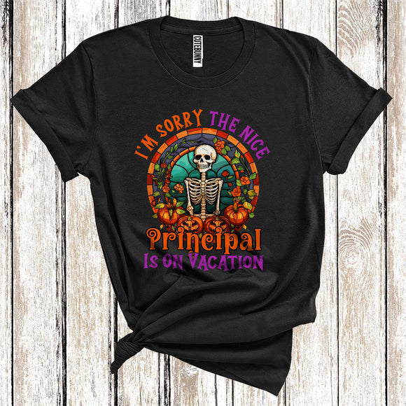 MacnyStore - I'm Sorry The Nice Principal Is On Vacation Cool Halloween Skeleton Pumpkin Floral Jobs Careers T-Shirt