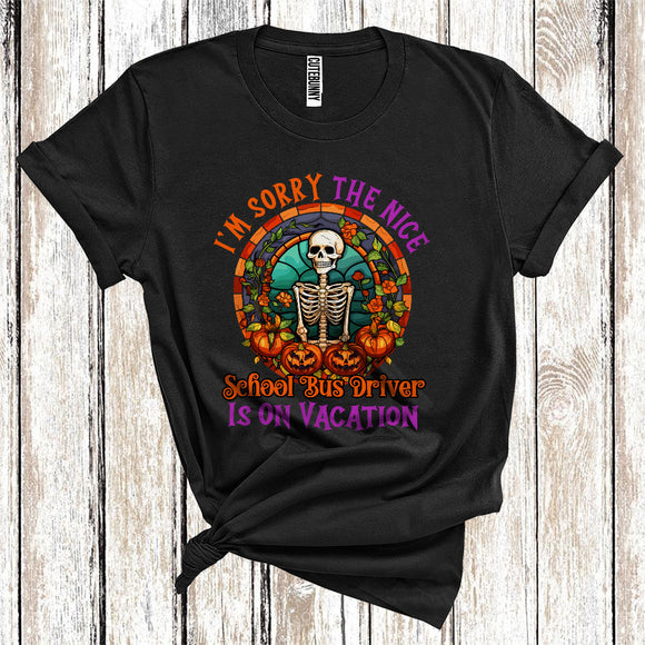 MacnyStore - I'm Sorry The Nice School Bus Driver Is On Vacation Cool Halloween Skeleton Pumpkin Floral Jobs Careers T-Shirt