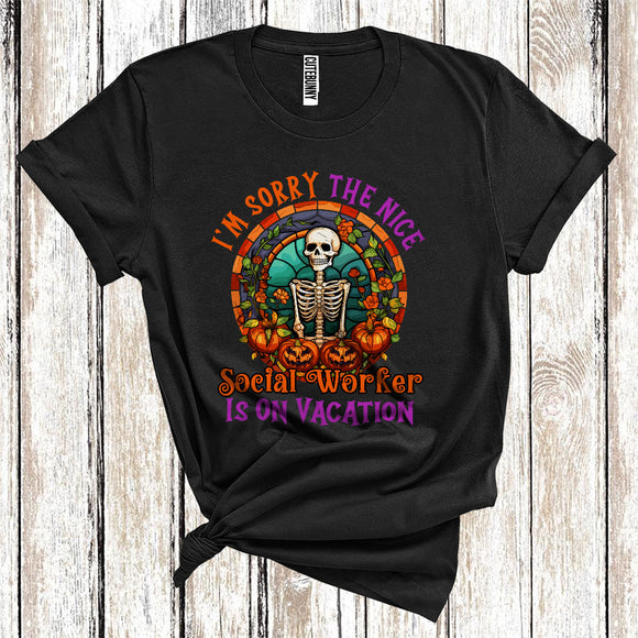 MacnyStore - I'm Sorry The Nice Social Worker Is On Vacation Cool Halloween Skeleton Pumpkin Floral Jobs Careers T-Shirt