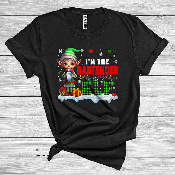 MacnyStore - I'm The Bartender Elf Funny Merry Christmas Snow Plaid Elf Lover Xmas Family Career Job T-Shirt