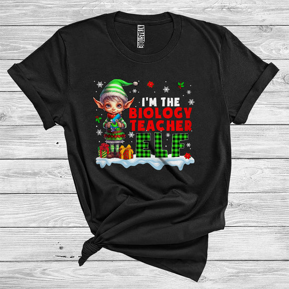 MacnyStore - I'm The Biology Teacher Elf Funny Merry Christmas Snow Plaid Elf Lover Xmas Family Career Job T-Shirt