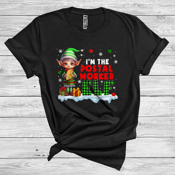 MacnyStore - I'm The Postal Worker Elf Funny Merry Christmas Snow Plaid Elf Lover Xmas Family Career Job T-Shirt