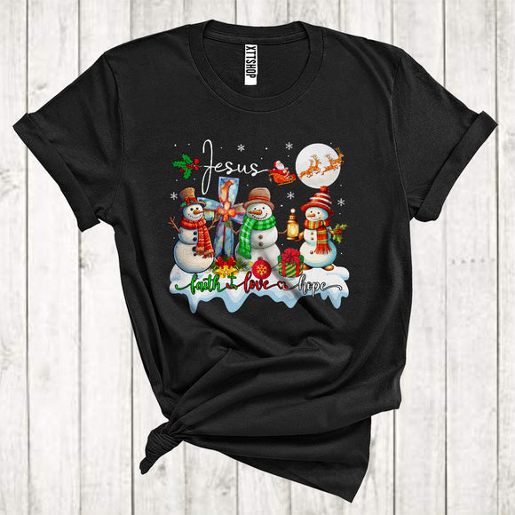 MacnyStore - Jesus Faith Love Hope Cute Merry Christmas Three Snowmen Xmas Cross Christian T-Shirt
