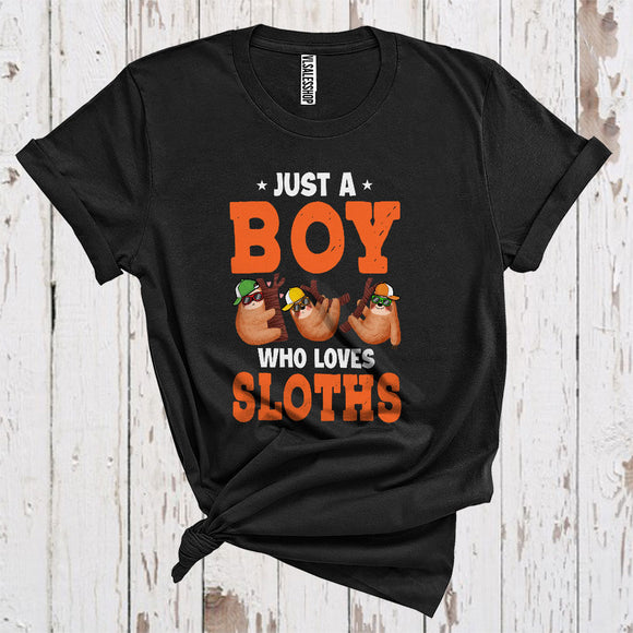 MacnyStore - Just A Boy Who Loves Sloths Funny Three Sunglasses Zoo Animal Lover Kids T-Shirt