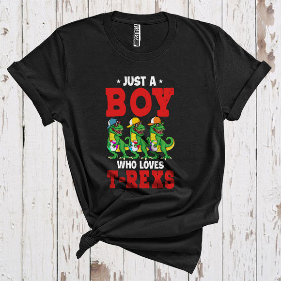 MacnyStore - Just A Boy Who Loves T-Rexs Funny Three Sunglasses Dinosaur Lover Kids T-Shirt