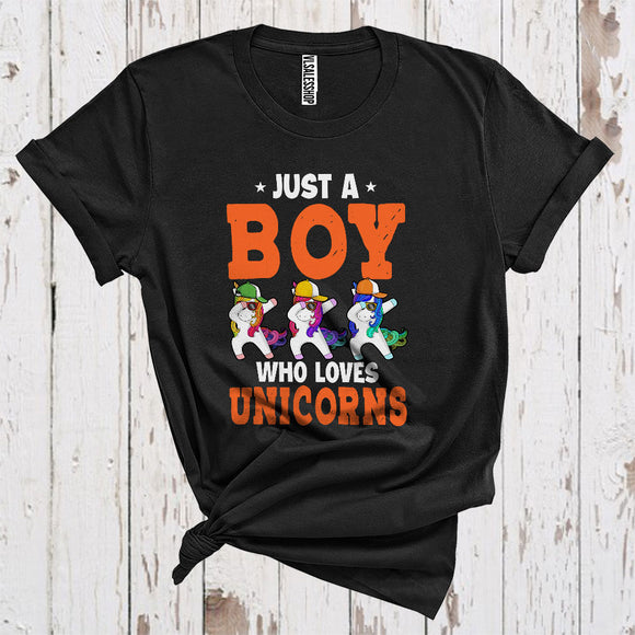 MacnyStore - Just A Boy Who Loves Unicorns Funny Three Sunglasses Magical Animal Lover Kids T-Shirt