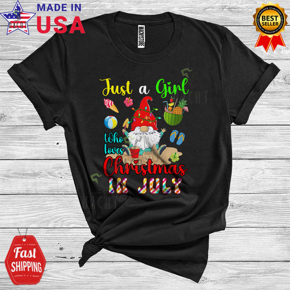 MacnyStore - Just A Girl Who Loves Christmas In July Cute Gnome Xmas Lights Hawaiian Sea Beach Summer T-Shirt