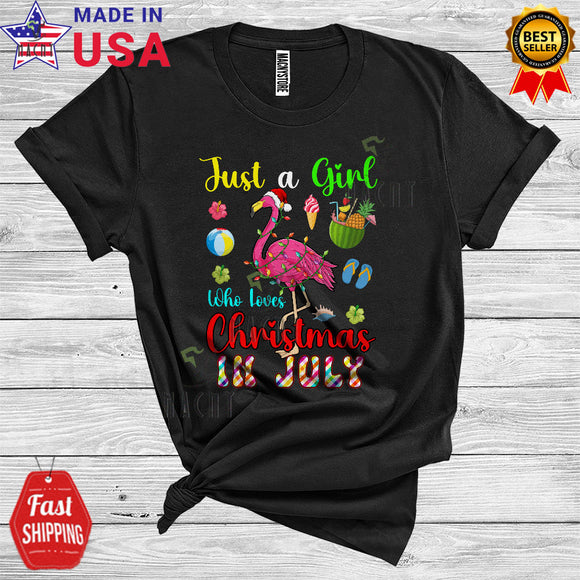 MacnyStore - Just A Girl Who Loves Christmas In July Cute Santa Flamingo Xmas Lights Hawaiian Summer T-Shirt