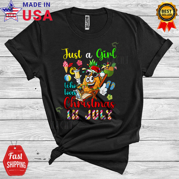 MacnyStore - Just A Girl Who Loves Christmas In July Cute Santa Pineapple Juice Xmas Lights Hawaiian Summer T-Shirt