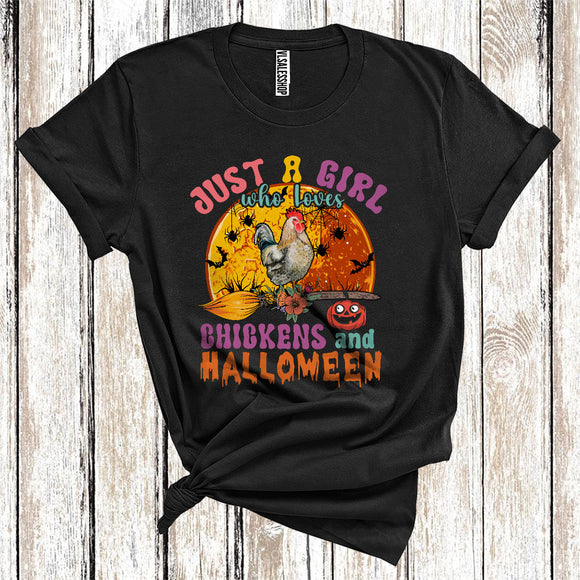 MacnyStore - Just A Girl Who Loves Chickens And Halloween Cute Farm Animal Floral Broomstick T-Shirt