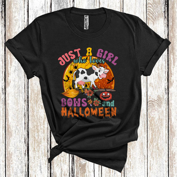 MacnyStore - Just A Girl Who Loves Cows And Halloween Cute Farm Animal Floral Broomstick T-Shirt