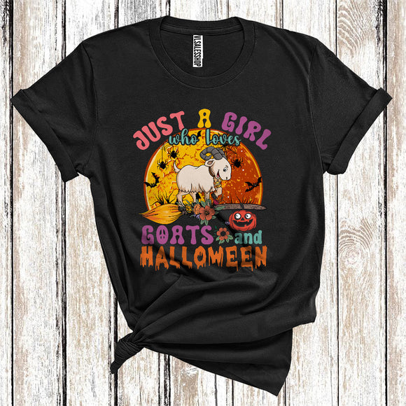 MacnyStore - Just A Girl Who Loves Goats And Halloween Cute Farm Animal Floral Broomstick T-Shirt