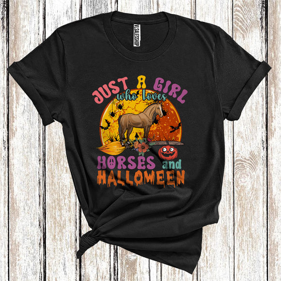 MacnyStore - Just A Girl Who Loves Horses And Halloween Cute Farm Animal Floral Broomstick T-Shirt