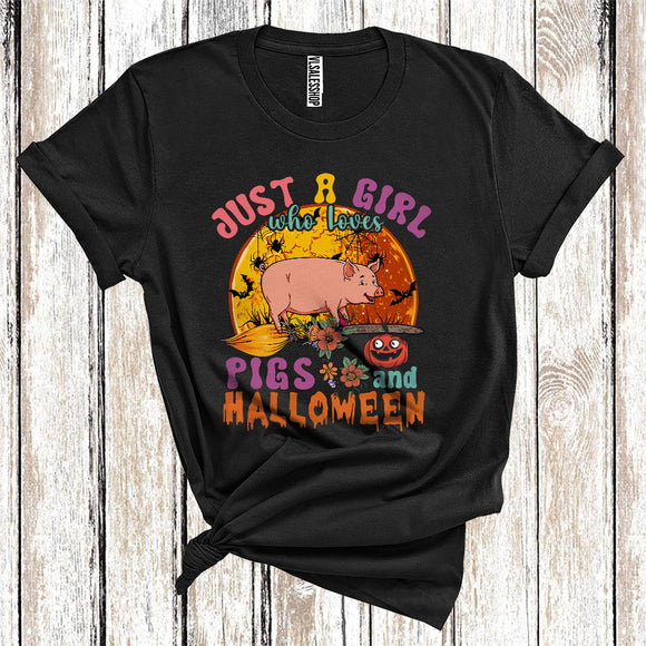 MacnyStore - Just A Girl Who Loves Pigs And Halloween Cute Farm Animal Floral Broomstick T-Shirt