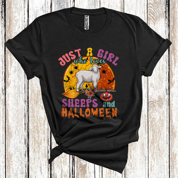 MacnyStore - Just A Girl Who Loves Sheeps And Halloween Cute Farm Animal Floral Broomstick T-Shirt