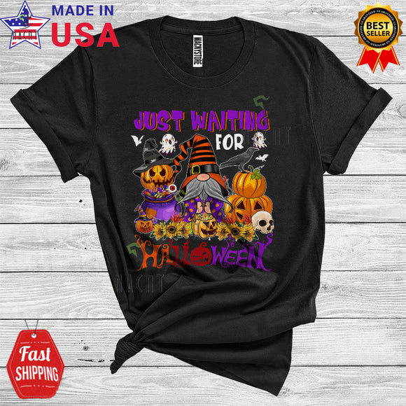 MacnyStore - Just Waiting For Halloween Funny Gnome Witch Pumpkins Sunflower Halloween Costume T-Shirt