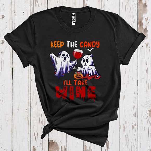 MacnyStore - Keep The Candy I'll Take Wine Funny Ghost Boo Jack O Lantern Halloween Foodie Team T-Shirt