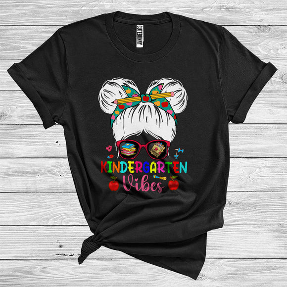 MacnyStore - Kindergarten Vibes Back To School Cute Messy Space Bun Hair Sunglasses Girl Kids T-Shirt