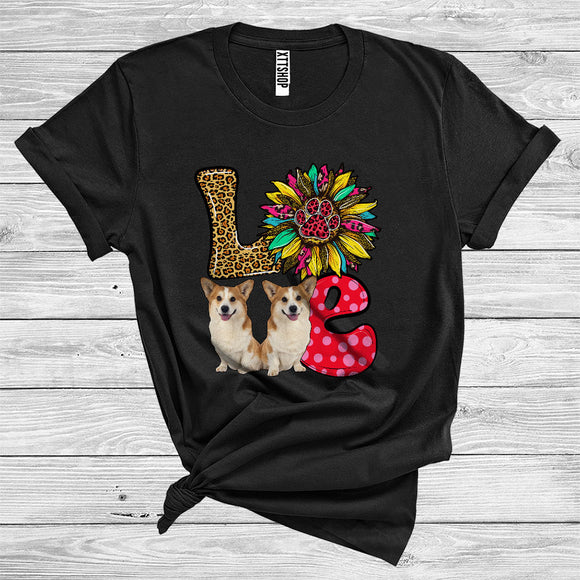 MacnyStore - Love Cute Colorful Plaid Leopard Sunflower Flowers Corgi Paws Animal Lover T-Shirt