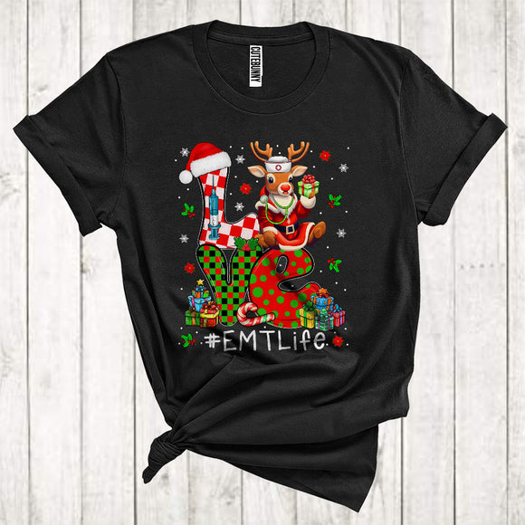 MacnyStore - Love EMT Life Cool Christmas Snow Red Green Plaid Reindeer Nurse Nursing Jobs T-Shirt