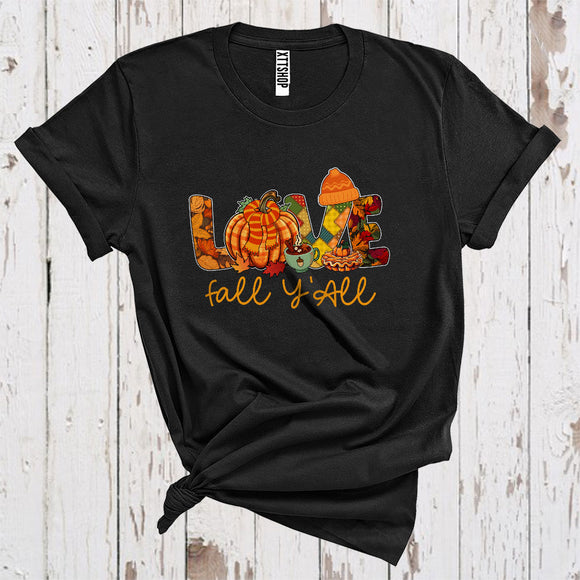 MacnyStore - Love Fall Y'All Autumn Leaves Plaid Pumpkin Fall Scarf Thanksgiving T-Shirt